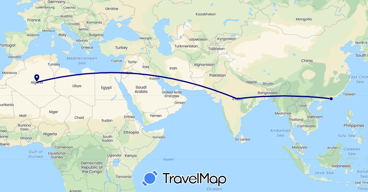 TravelMap itinerary: driving in China, Algeria, India (Africa, Asia)